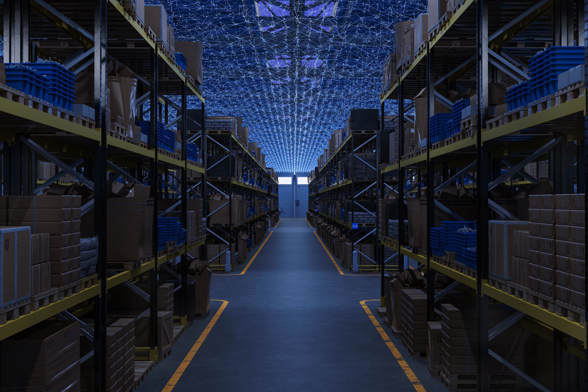 Futuristic Smart Warehouse With Digital Network Connection Above Storage Racks
